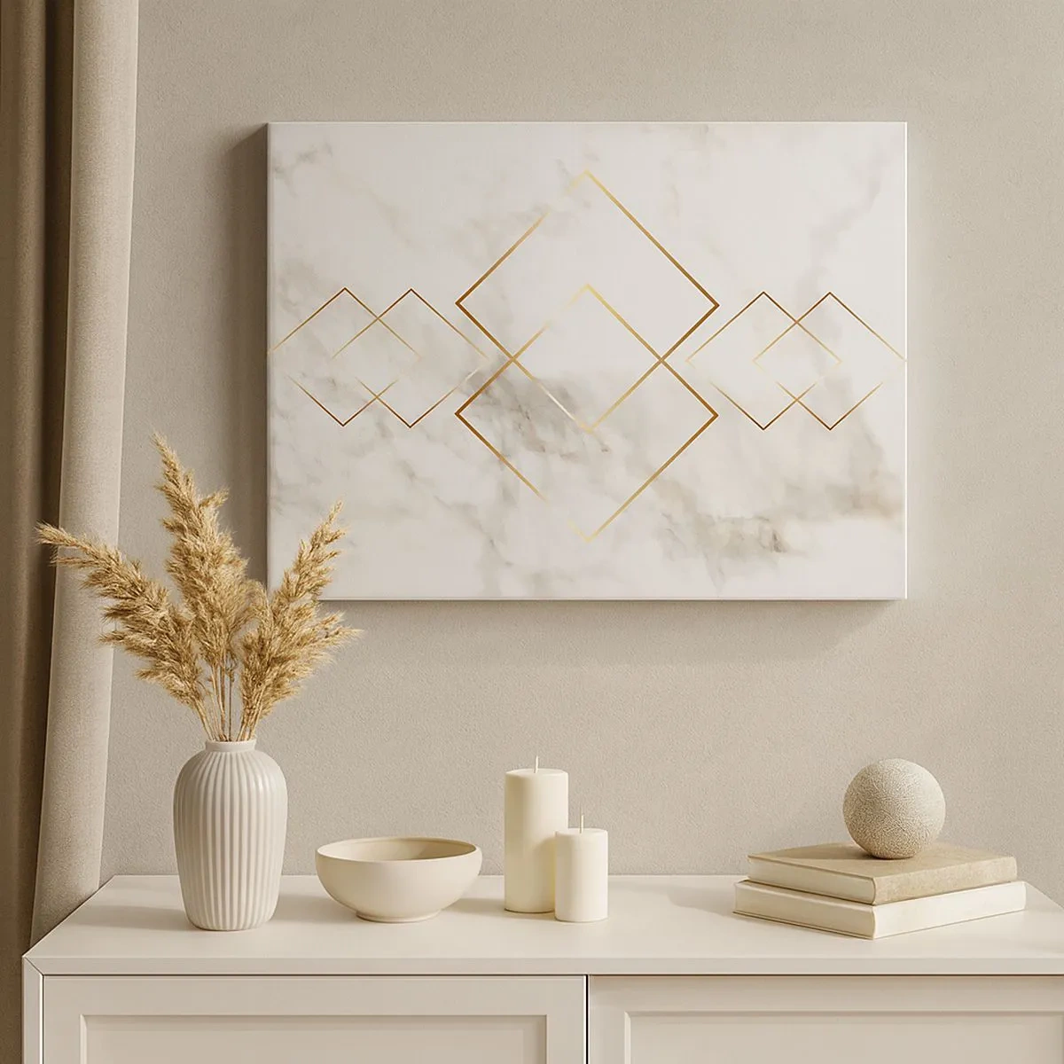 Quadro su tela - Stampe su Tela - Rombi dorati minimalisti su uno sfondo di marmo - 70x50cm - Vista sull'infinito - Decorazione murale moderna per soggiorno e camera da letto ARTTOR