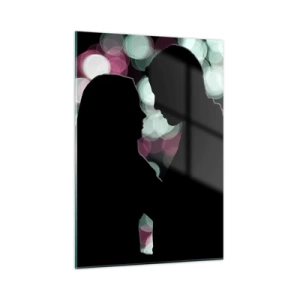 Quadro su vetro - Silhouette di una coppia su uno sfondo di luci bokeh colorate - 50x70cm - Si! - Decorazione murale moderna per soggiorno e camera da letto ARTTOR