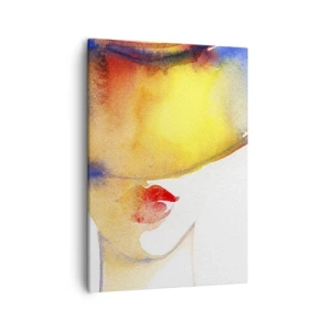 Quadro su tela - Stampe su Tela - Un dipinto ad acquerello minimalista raffigurante il profilo di una donna con un cappello colorato. - 50x70cm - Ritratto di donna - Decorazione murale moderna per soggiorno e camera da letto ARTTOR