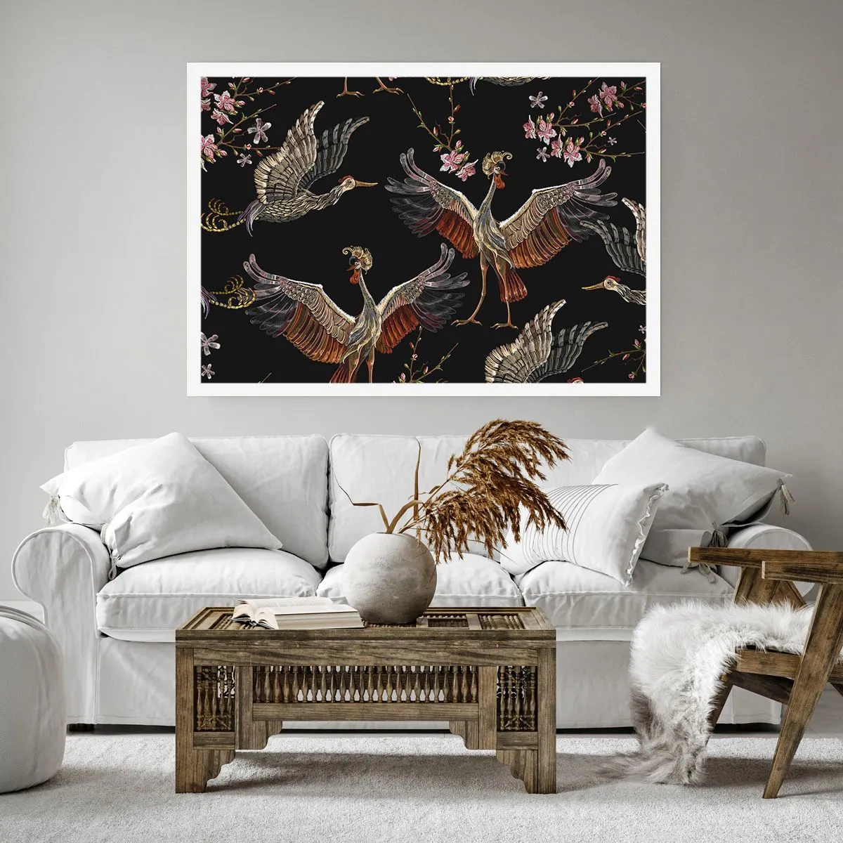 Poster - Gru e fiori eleganti su sfondo nero - 100x70cm - Uccello fantastico - Decorazione murale moderna per soggiorno e camera da letto ARTTOR