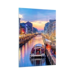 Quadro su vetro - Vista serale del canale illuminato con barche e caffè - 50x70cm - Sera di luce e di divertimento - Decorazione murale moderna per soggiorno e camera da letto ARTTOR