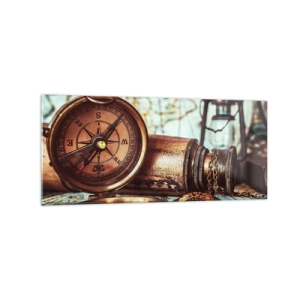 Quadro su vetro - Un set retrò con bussola, telescopio e mappa a tema viaggio - 120x50cm - Ti aspetta l'avventura dei pirati dei Caraibi - Decorazione murale moderna per soggiorno e camera da letto ARTTOR
