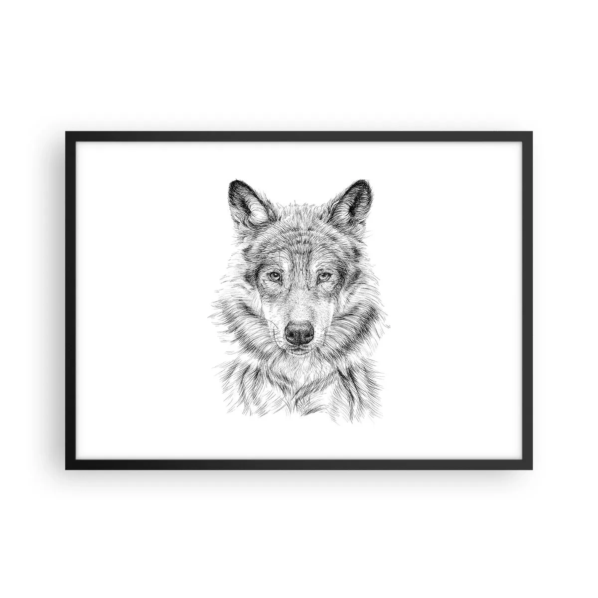Poster in cornice nera - Schizzo di una testa di lupo in stile monocromatico su sfondo bianco - 70x50cm - Condottiero nato - Decorazione murale moderna per soggiorno e camera da letto ARTTOR