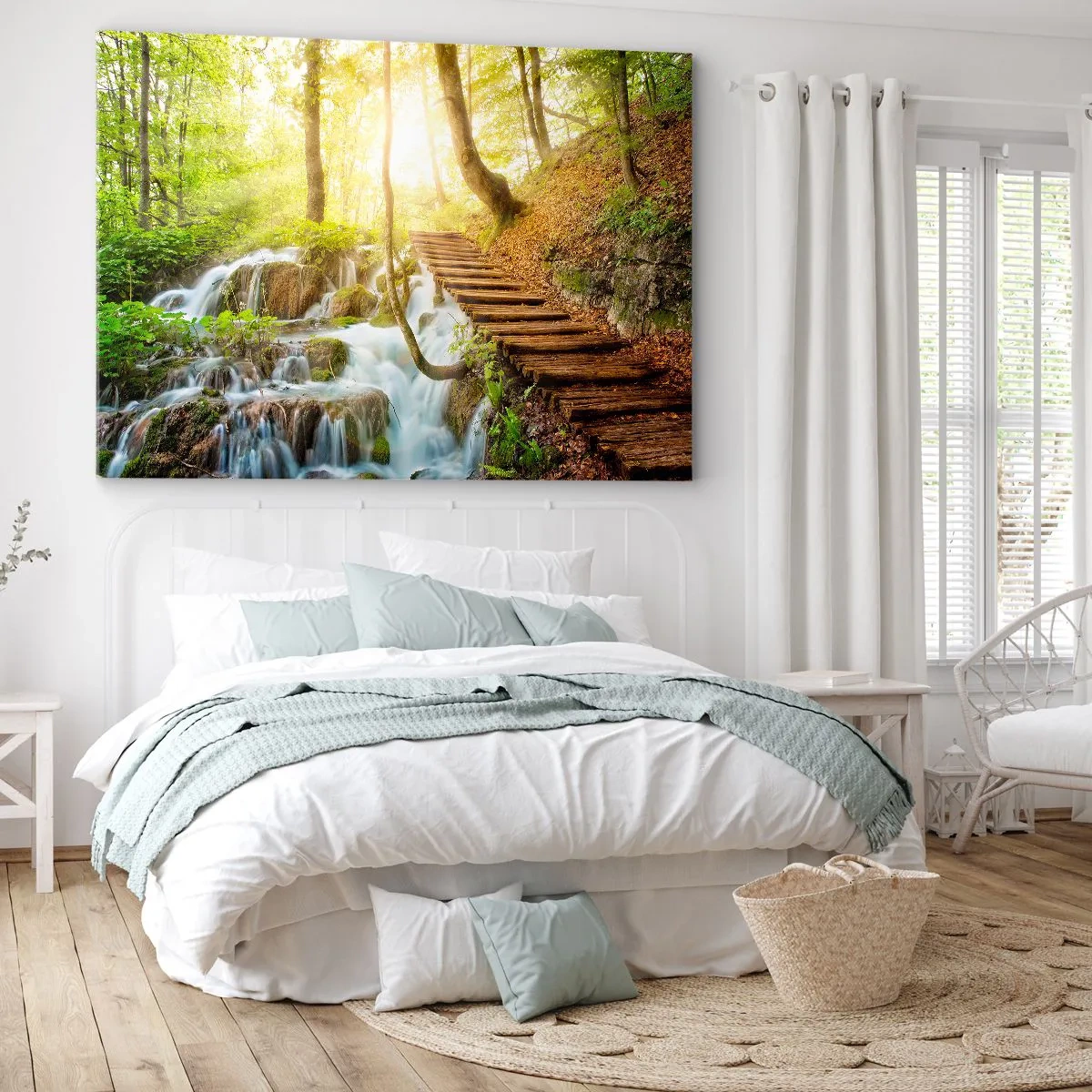 Quadro su tela - Stampe su Tela - Sentiero nel bosco con scale in legno vicino alla cascata - 120x80cm - Bramata freschezza - Decorazione murale moderna per soggiorno e camera da letto ARTTOR