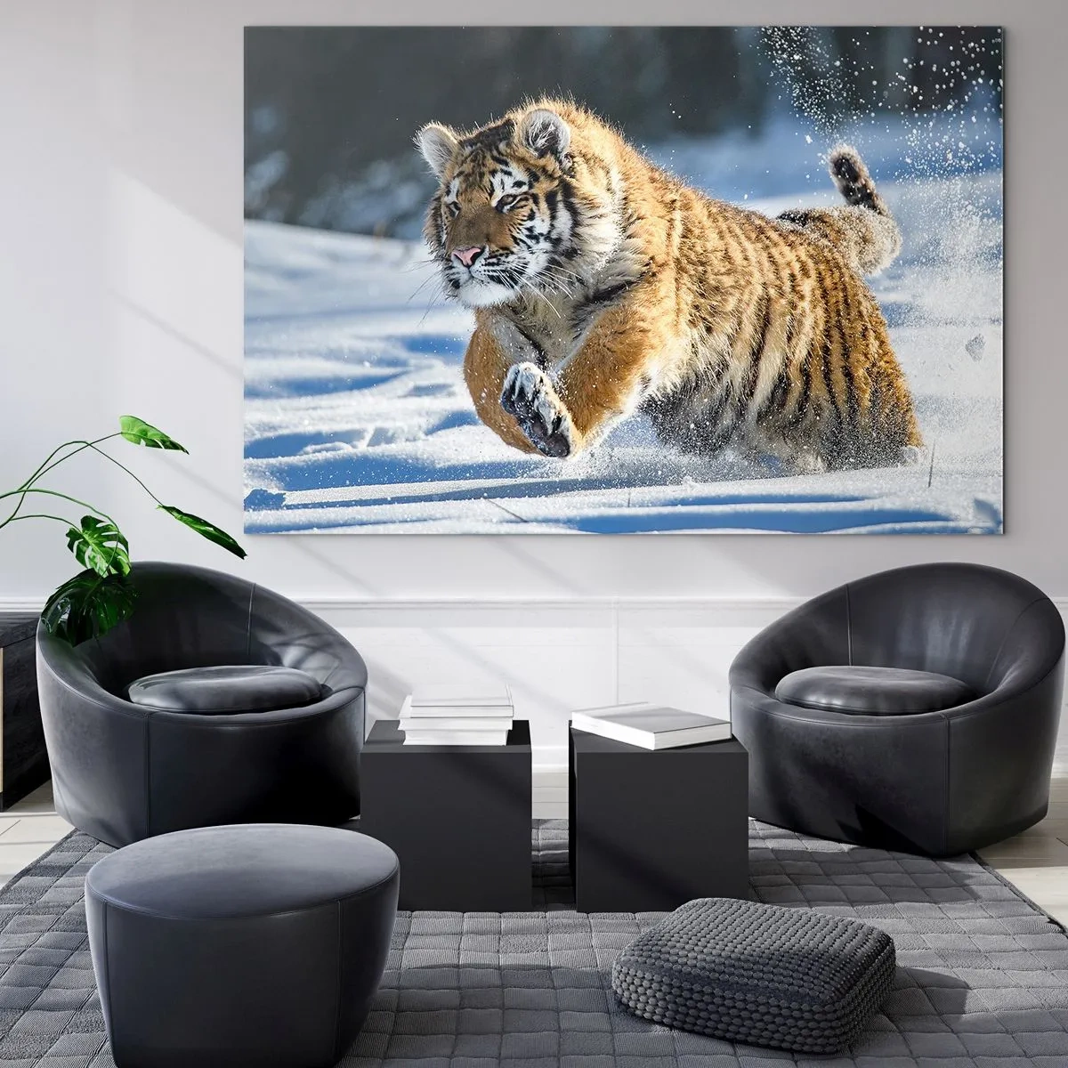 Quadro su vetro - Una tigre siberiana corre nella neve in un paesaggio invernale. - 70x50cm - La dea della taiga siberiana - Decorazione murale moderna per soggiorno e camera da letto ARTTOR
