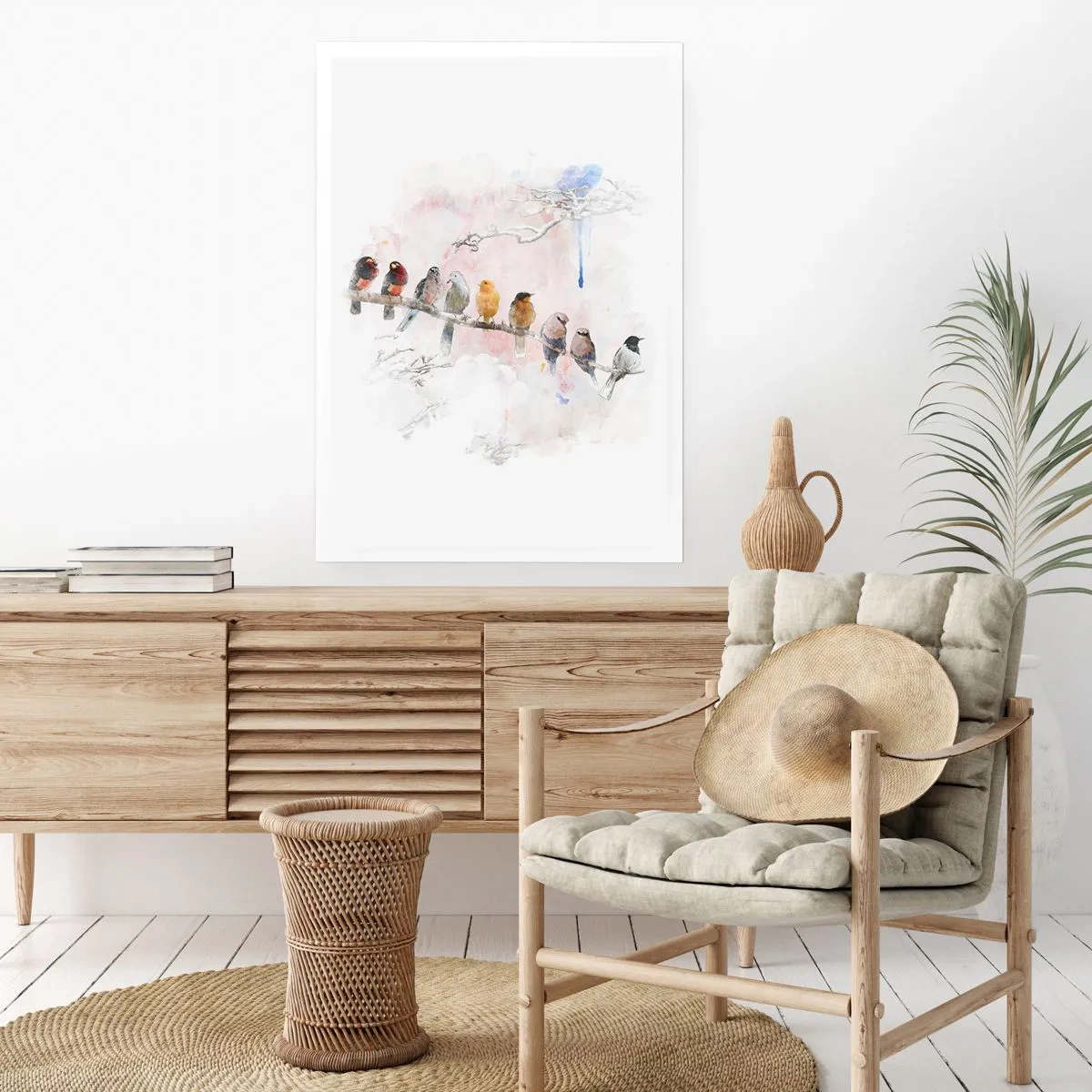 Poster - Uccelli seduti su un ramo in stile acquerello - 50x70cm - Incontro alato - Decorazione murale moderna per soggiorno e camera da letto ARTTOR