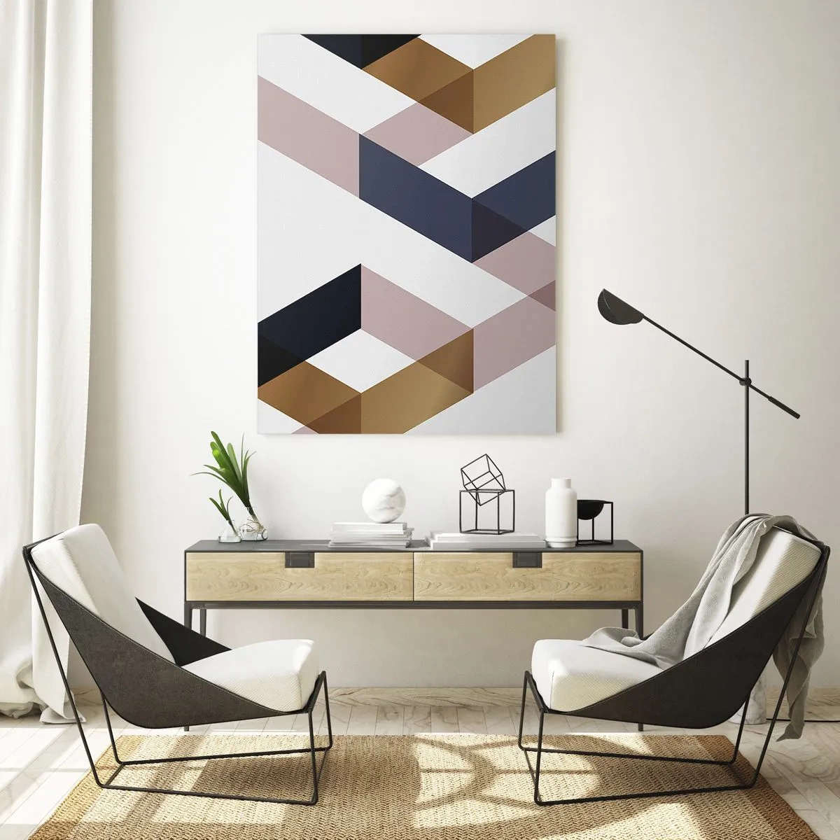 Quadro su vetro - Motivi geometrici nei toni dell'oro e del blu navy - 70x100cm - Piani e angoli - Decorazione murale moderna per soggiorno e camera da letto ARTTOR