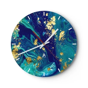 Orologio da parete - Orologio in Vetro - Fiocchi d'oro su uno sfondo astratto blu-turchese - 30x30cm - Petali di sole - Decorazione murale moderna per soggiorno, cucina e camera da letto ARTTOR