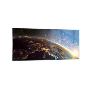 Quadro su vetro - Vista della Terra dallo spazio all'alba - 120x50cm - Guardiamoci da lontano - Decorazione murale moderna per soggiorno e camera da letto ARTTOR
