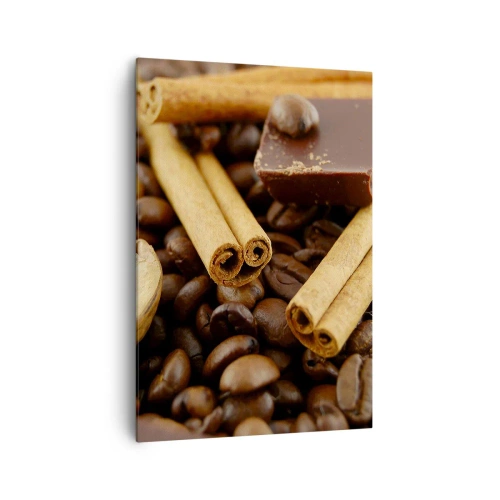 Quadro su tela - Stampe su Tela - Chicchi di caffè con bastoncini di cannella, cioccolato e noci. - 70x100cm - Concerto di sapori - Decorazione murale moderna per soggiorno e camera da letto ARTTOR