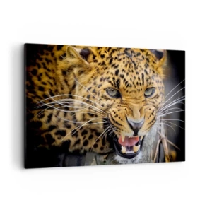 Quadro su tela - Stampe su Tela - Primo piano di un leopardo minaccioso con le zanne scoperte. - 120x80cm - Non avvicinarti, ti avverto! - Decorazione murale moderna per soggiorno e camera da letto ARTTOR