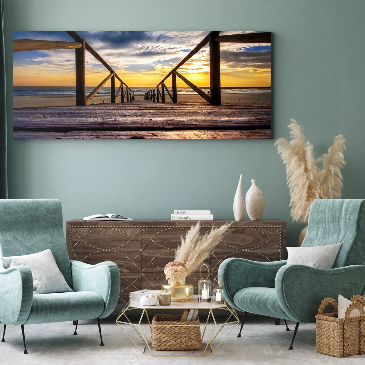 Quadro su tela - Stampe su Tela - Molo di legno che conduce alla spiaggia al tramonto - 160x50cm - Verso la spiaggia silenziosa al tramonto - Decorazione murale moderna per soggiorno e camera da letto ARTTOR