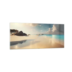Quadro su vetro - Una spiaggia soleggiata con mare azzurro e rocce - 120x50cm - Giornata ideale - Decorazione murale moderna per soggiorno e camera da letto ARTTOR