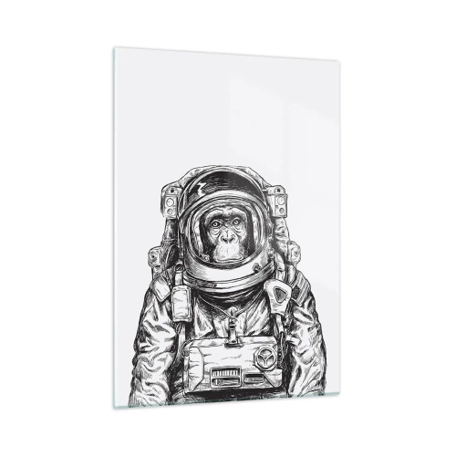 Quadro su vetro - Schizzo di una scimmia in tuta da astronauta su sfondo bianco - 50x70cm - Evoluzione alternativa - Decorazione murale moderna per soggiorno e camera da letto ARTTOR