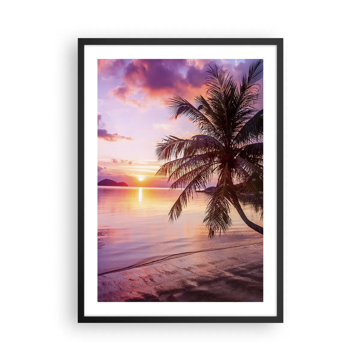 Poster in cornice nera - Tramonto tropicale con palma sulla spiaggia - 50x70cm - Beatitudine a perdita d'occhio - Decorazione murale moderna per soggiorno e camera da letto ARTTOR
