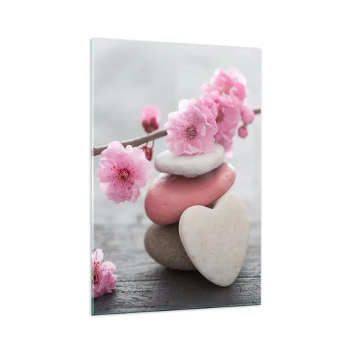 Quadro su vetro - Delicati fiori di ciliegio con pietre a forma di cuore - 70x100cm - Serenità con fiori di ciliegio - Decorazione murale moderna per soggiorno e camera da letto ARTTOR