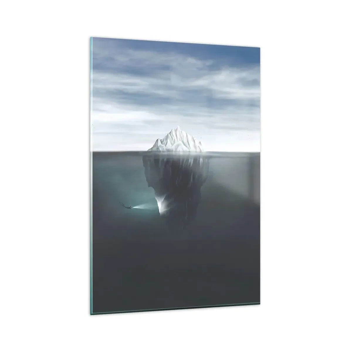Quadro su vetro - Un iceberg in acqua con un sub e un riflettore sotto la superficie. - 80x120cm - Mistero sottomarino - Decorazione murale moderna per soggiorno e camera da letto ARTTOR