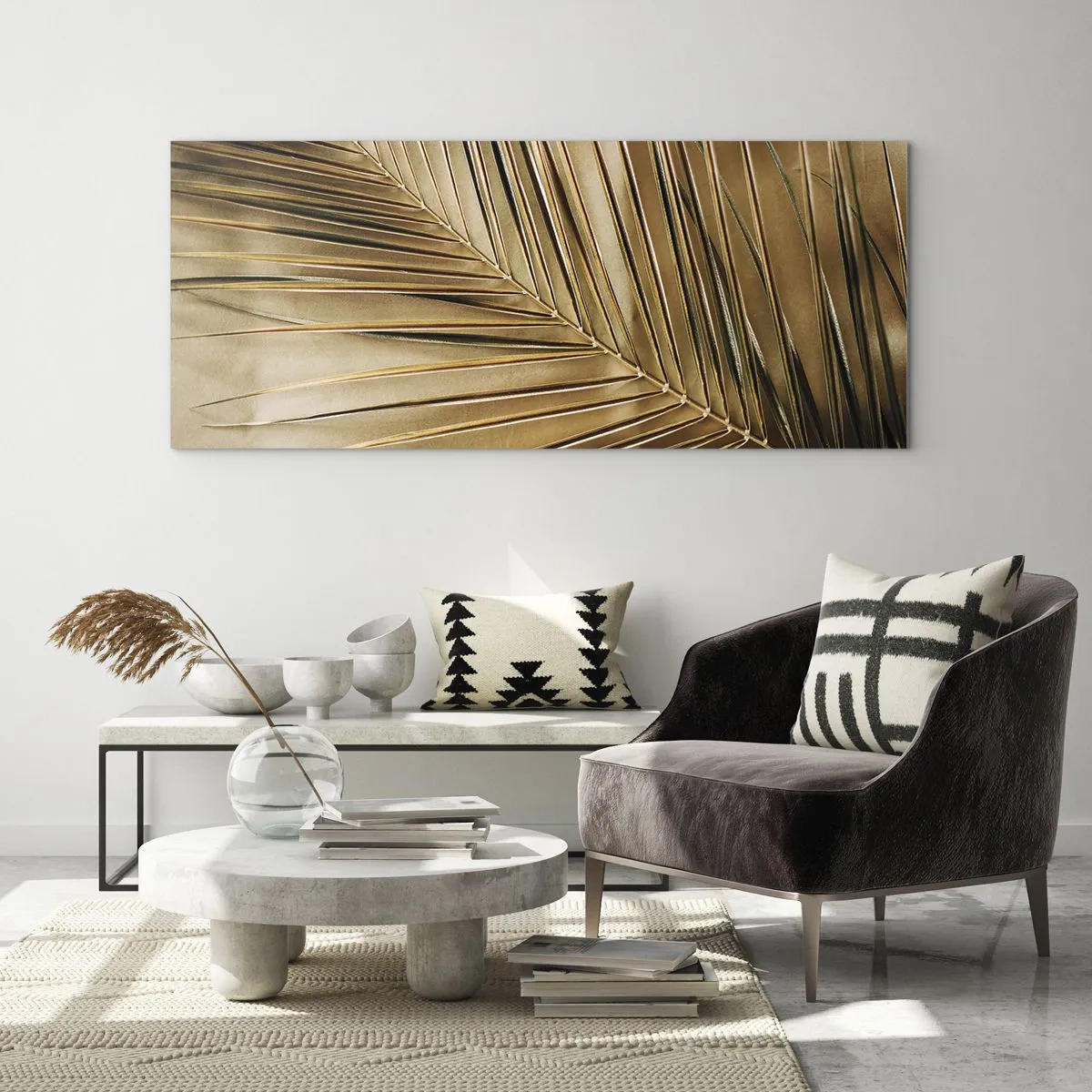 Quadro su vetro - Foglia di palma dorata su sfondo solido - 140x50cm - Colonnato naturale - Decorazione murale moderna per soggiorno e camera da letto ARTTOR
