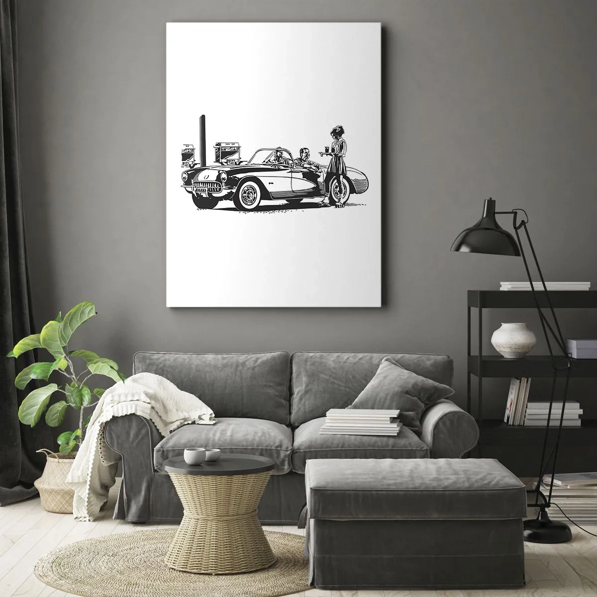 Quadro su tela - Stampe su Tela - Una scena retrò in bianco e nero con un'auto e una cameriera sui pattini a rotelle. - 50x70cm - Anni '60: l'America spensierata - Decorazione murale moderna per soggiorno e camera da letto ARTTOR