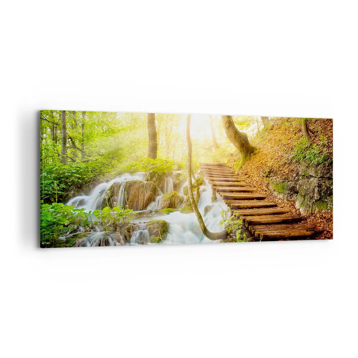 Quadro su tela - Stampe su Tela - Sentiero nel bosco con scale in legno vicino alla cascata - 120x50cm - Bramata freschezza - Decorazione murale moderna per soggiorno e camera da letto ARTTOR
