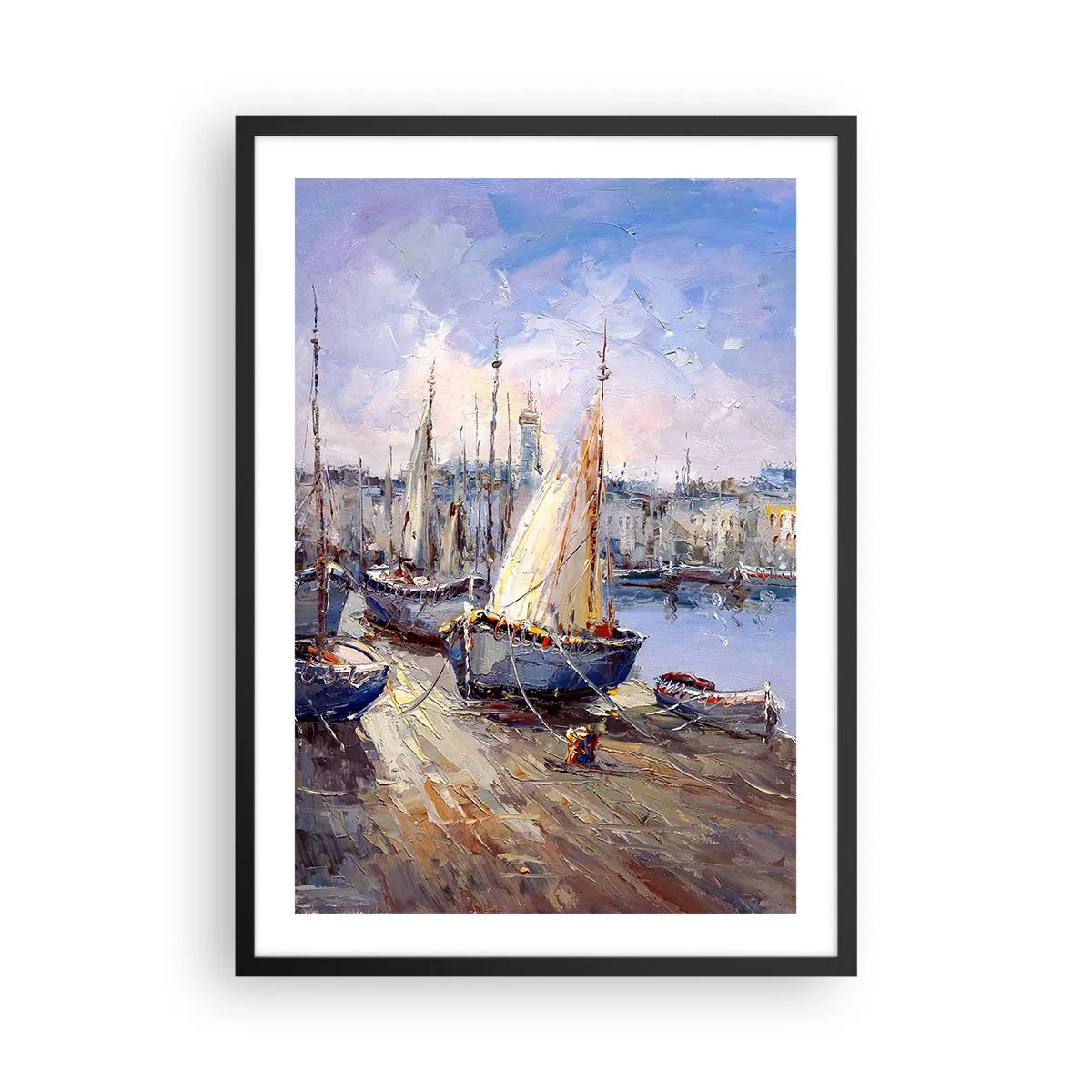 Poster in cornice nera - Barche a vela in un pittoresco porto illuminato dai raggi del sole - 50x70cm - Città sul golfo - Decorazione murale moderna per soggiorno e camera da letto ARTTOR