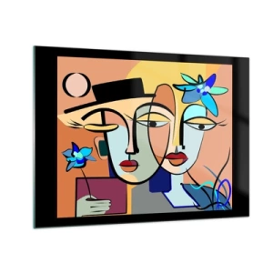 Quadro su vetro - Volti colorati in stile cubista con fiori - 70x50cm - Appuntamento in stile Picasso - Decorazione murale moderna per soggiorno e camera da letto ARTTOR