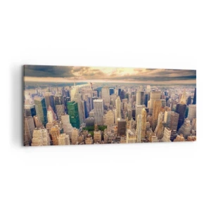 Quadro su tela - Stampe su Tela - Panorama della città con vista sui grattacieli al tramonto - 120x50cm - Metropolis dorata - Decorazione murale moderna per soggiorno e camera da letto ARTTOR
