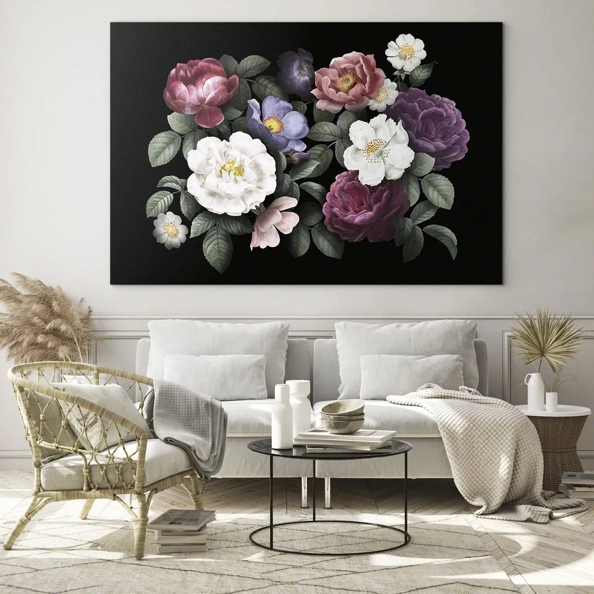 Quadro su vetro - Composizione floreale con peonie su sfondo nero - 70x50cm - Dal giardino inglese - Decorazione murale moderna per soggiorno e camera da letto ARTTOR