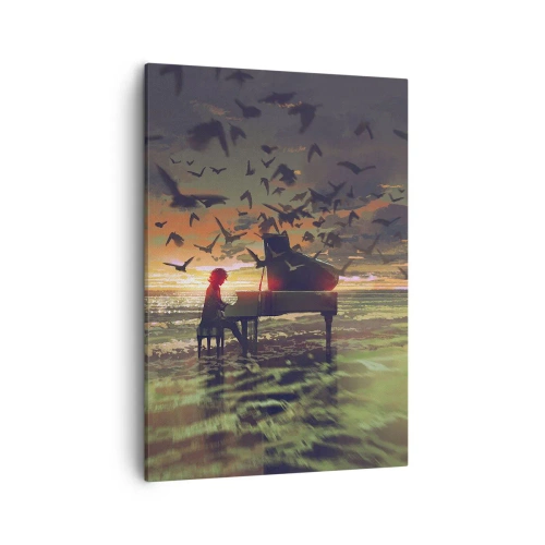Quadro su tela - Stampe su Tela - Un pianoforte in riva al mare al tramonto con gli uccelli - 50x70cm - Concerto per pianoforte e onde - Decorazione murale moderna per soggiorno e camera da letto ARTTOR