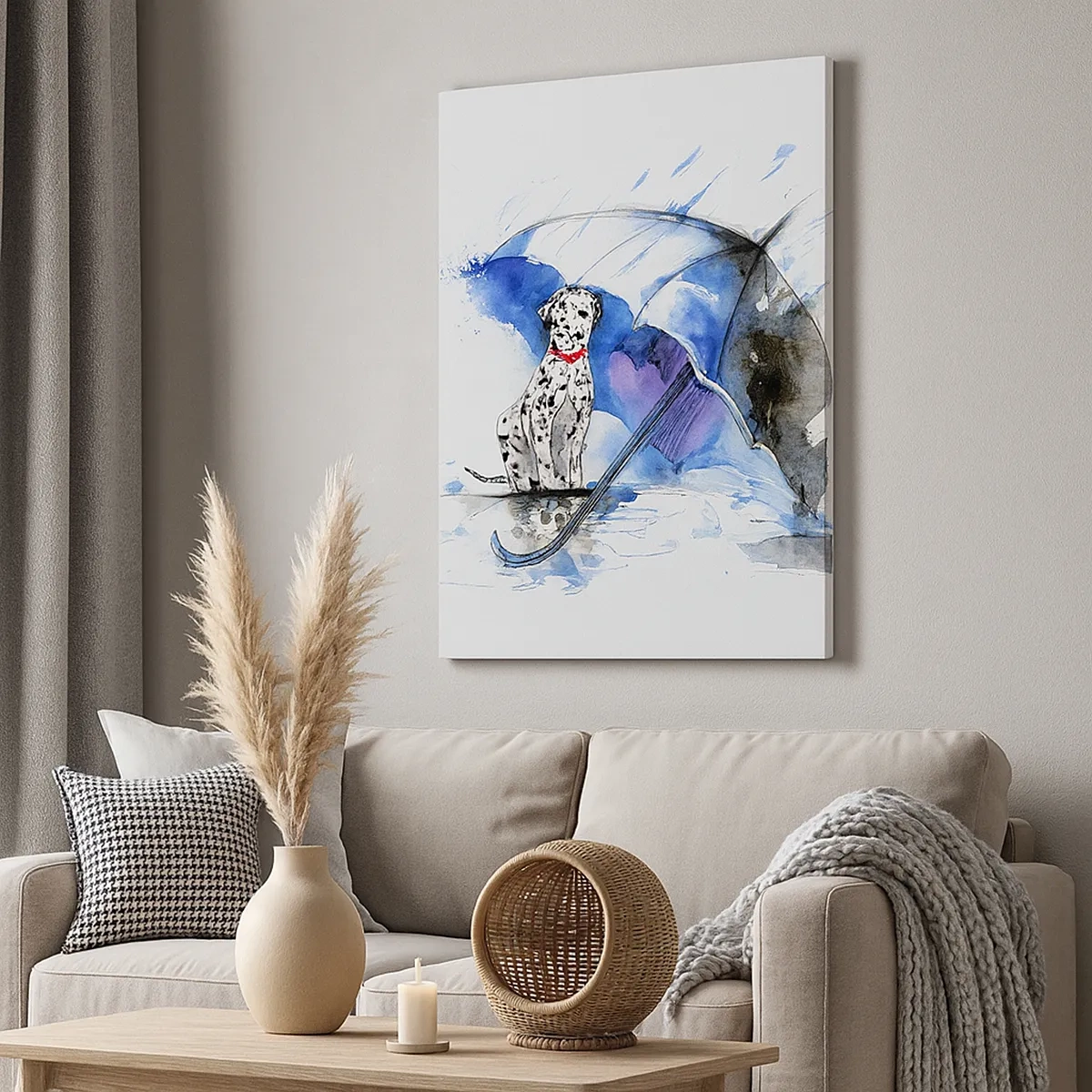 Quadro su tela - Stampe su Tela - Dipinto ad acquerello di un cane dalmata con un ombrello sullo sfondo - 50x70cm - Ecco a cosa serve un amico - Decorazione murale moderna per soggiorno e camera da letto ARTTOR