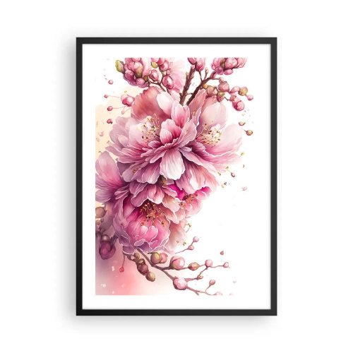 Poster in cornice nera - Delicati fiori di ciliegio rosa in piena fioritura su uno sfondo chiaro - 50x70cm - Fiore di ciliegio - Decorazione murale moderna per soggiorno e camera da letto ARTTOR