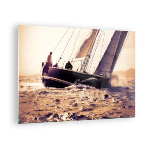 Quadro su vetro - Una barca a vela in un mare in tempesta in tonalità calde - 70x50cm - Naviga, marinaio - Decorazione murale moderna per soggiorno e camera da letto ARTTOR