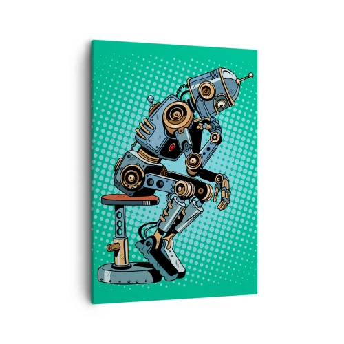 Quadro su tela - Stampe su Tela - Robot pensatore in stile pop art su sfondo verde - 50x70cm - Sull'essenza dell'essere - Decorazione murale moderna per soggiorno e camera da letto ARTTOR