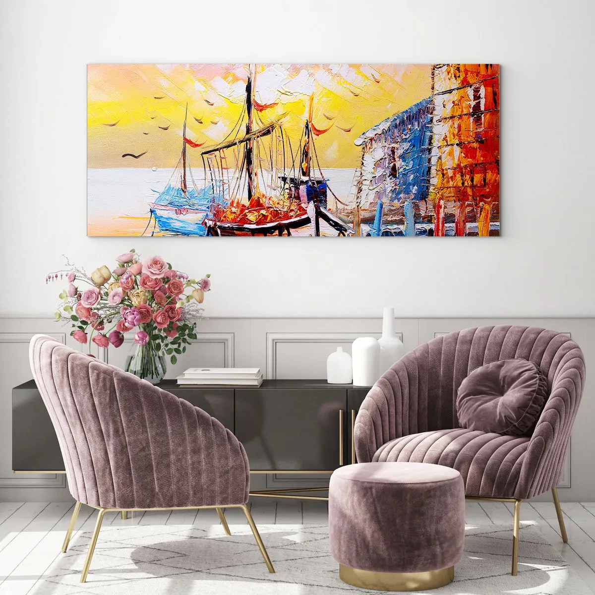 Quadro su vetro - Pittoresco porto al tramonto con barche da pesca - 160x50cm - Ritorno felice - Decorazione murale moderna per soggiorno e camera da letto ARTTOR