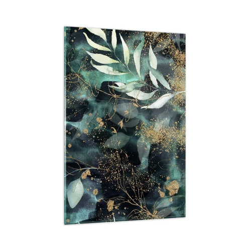 Quadro su vetro - Eleganti foglie su sfondo scuro con accenti dorati - 80x120cm - Il giardino incantato - Decorazione murale moderna per soggiorno e camera da letto ARTTOR