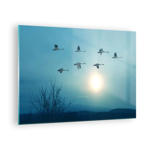 Quadro su vetro - Cigni in volo sullo sfondo del sole al tramonto e di un paesaggio invernale - 70x50cm - Addio estate, quest'anno - Decorazione murale moderna per soggiorno e camera da letto ARTTOR