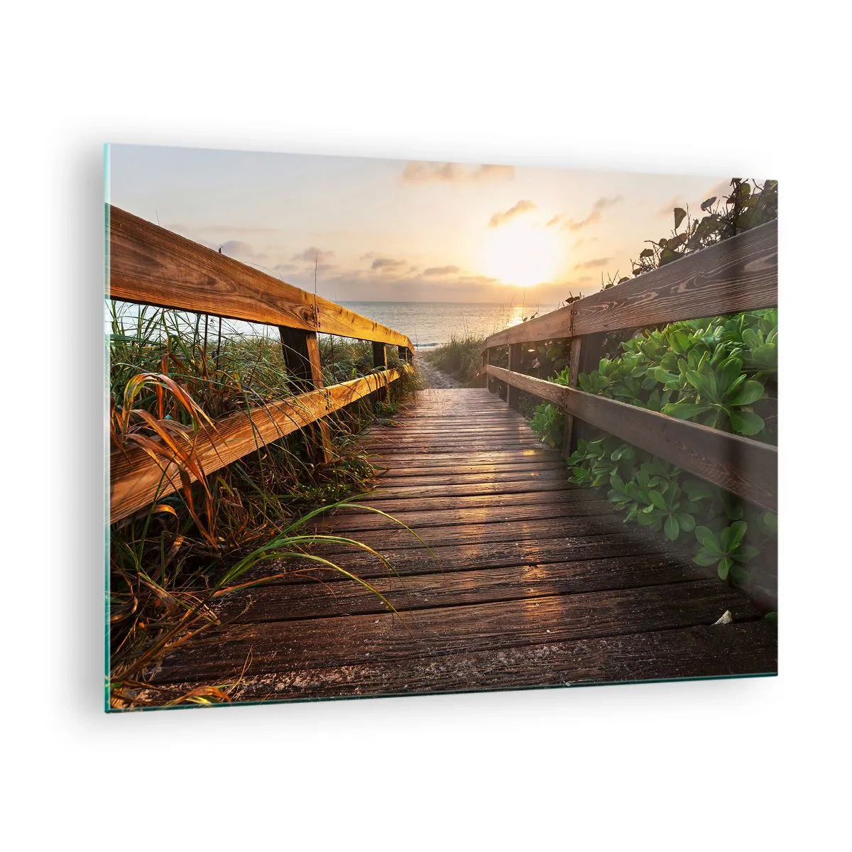 Quadro su vetro - Passerella in legno che conduce alla spiaggia al tramonto - 70x50cm - Dritto verso la riva - Decorazione murale moderna per soggiorno e camera da letto ARTTOR
