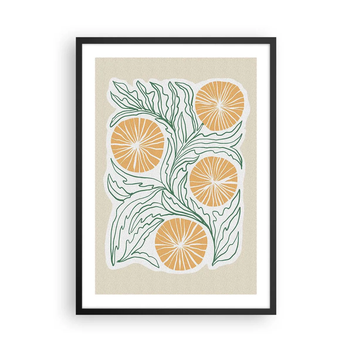 Poster in cornice nera - Composizione astratta di foglie e arance su sfondo beige - 50x70cm - Etnicamente con una nota di astrazione - Decorazione murale moderna per soggiorno e camera da letto ARTTOR