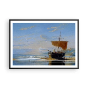 Poster in cornice nera - Una nave in riva al mare in una giornata di sole - 100x70cm - Acqua, terra, aria - Decorazione murale moderna per soggiorno e camera da letto ARTTOR