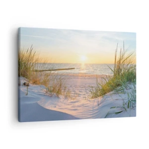 Quadro su tela - Stampe su Tela - Una spiaggia sabbiosa con vista sul tramonto sul mare - 70x50cm - Rumore del mare, uccelli che cantano, spiaggia selvatica tra i cespugli... - Decorazione murale moderna per soggiorno e camera da letto ARTTOR
