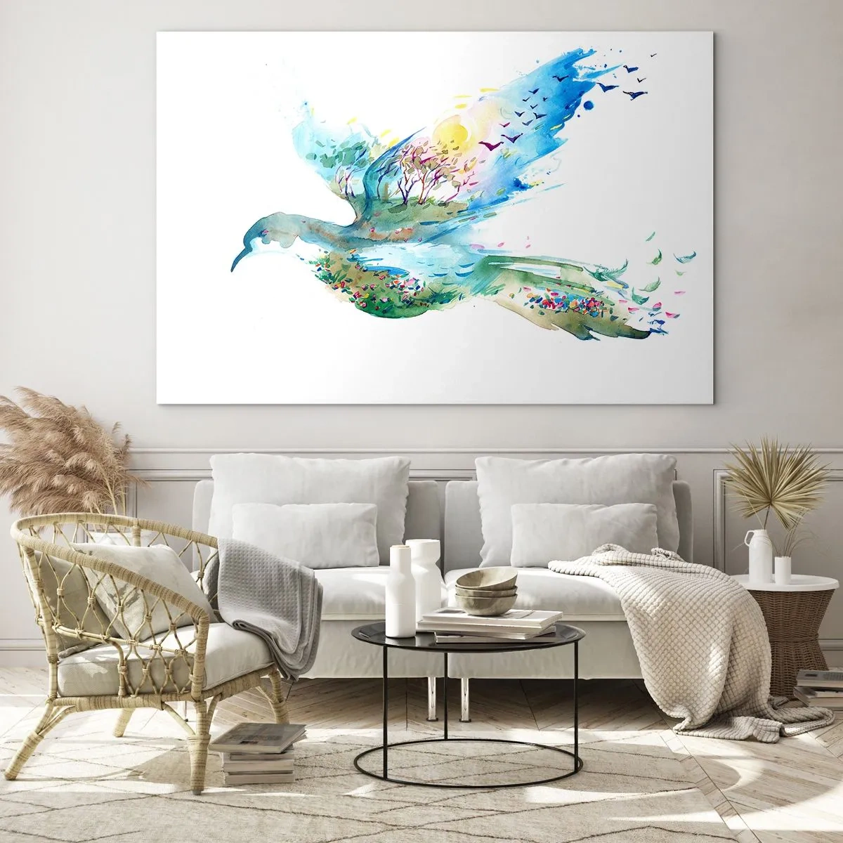 Quadro su vetro - Silhouette acquerello di un uccello con un paesaggio sullo sfondo - 70x50cm - Sulle ali della natura - Decorazione murale moderna per soggiorno e camera da letto ARTTOR