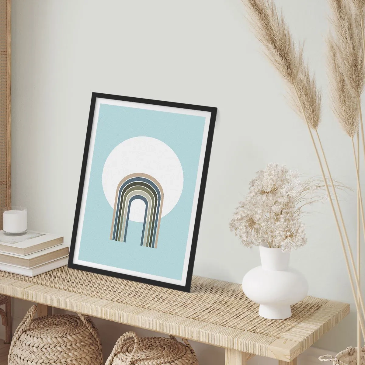 Poster in cornice nera - Un arco minimalista con tonalità pastello su uno sfondo circolare - 50x70cm - Attrazione irresistibile - Decorazione murale moderna per soggiorno e camera da letto ARTTOR