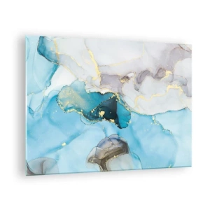 Quadro su vetro - Onde turchesi e grigie con accenti dorati - 70x50cm - Studio di incontro tra grigio e turchese - Decorazione murale moderna per soggiorno e camera da letto ARTTOR