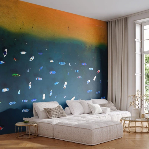 Fotomurali Premium Sand - Il gioco delle vacanze - Barche, Spiaggia, Costa - 500x350 cm