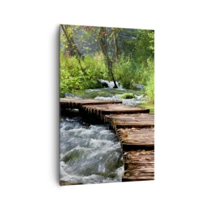 Quadro su tela - Stampe su Tela - Un ponte di legno sopra un ruscello impetuoso, circondato dal verde della foresta. - 80x120cm - Sulla cascata spumeggiante - Decorazione murale moderna per soggiorno e camera da letto ARTTOR
