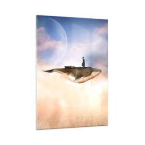Quadro su vetro - Una balena fantastica che fluttua tra le nuvole con una donna sul dorso. - 50x70cm - Viaggio surreale - Decorazione murale moderna per soggiorno e camera da letto ARTTOR