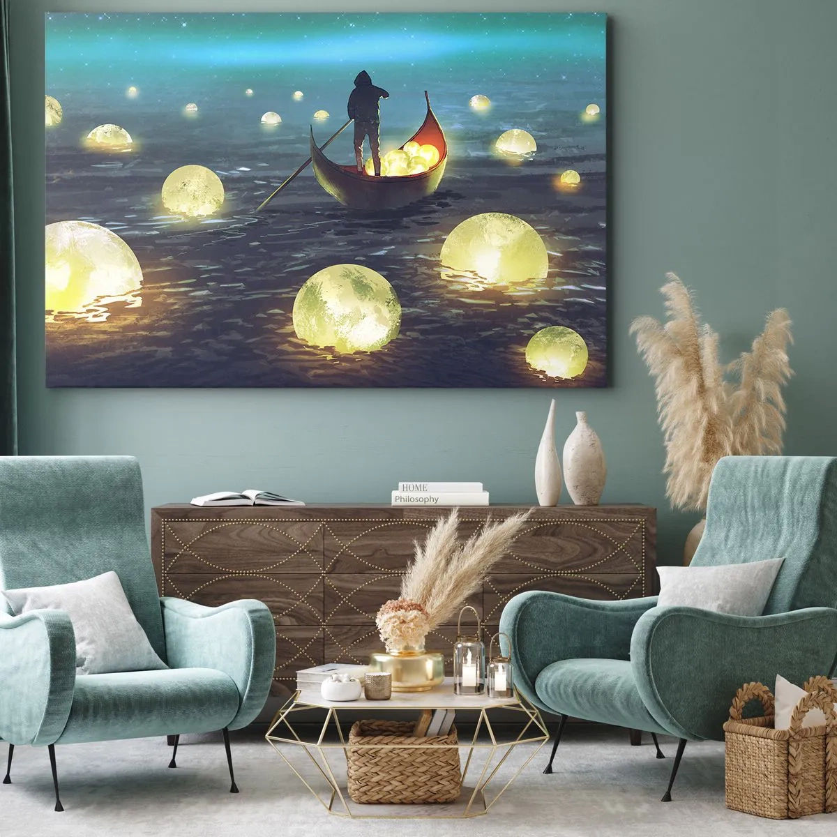 Quadro su tela - Stampe su Tela - Una figura in una barca circondata da sfere luminose sull'acqua - 70x50cm - Cose che neanche i filosofi hanno sognato - Decorazione murale moderna per soggiorno e camera da letto ARTTOR