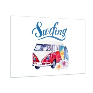 Quadro su vetro - Tema surf con furgone e tavole - 100x70cm - In pulmino a fare surf - Decorazione murale moderna per soggiorno e camera da letto ARTTOR