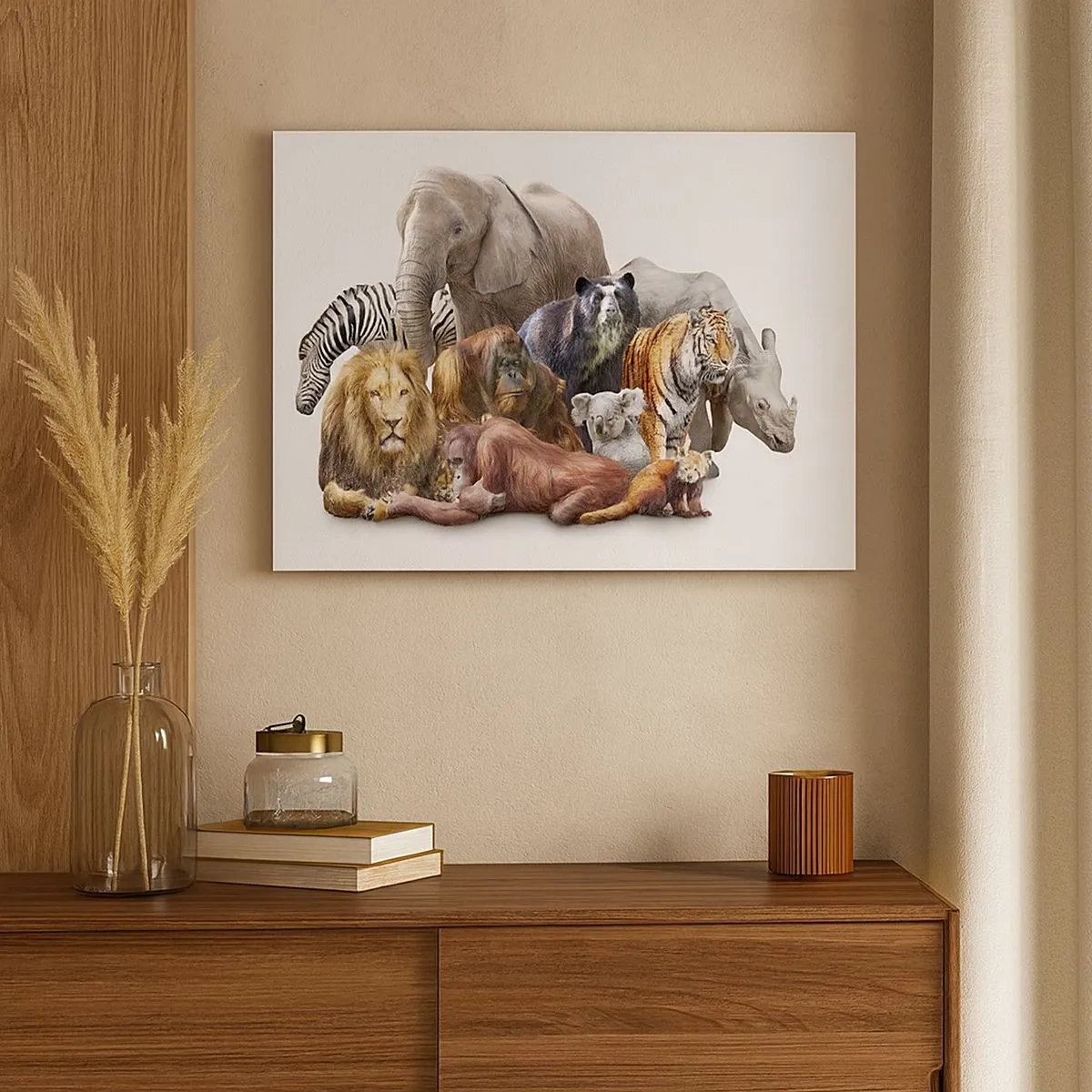 Quadro su tela - Stampe su Tela - Una varietà di animali selvatici in una composizione di gruppo - 70x50cm - Foto di famiglia africana - Decorazione murale moderna per soggiorno e camera da letto ARTTOR