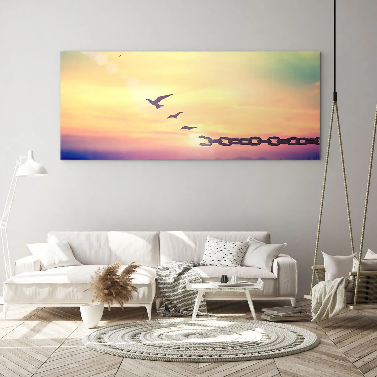 Quadro su vetro - Simbolo di libertà con uccelli e una catena spezzata - 120x50cm - La vittoria della libertà - Decorazione murale moderna per soggiorno e camera da letto ARTTOR